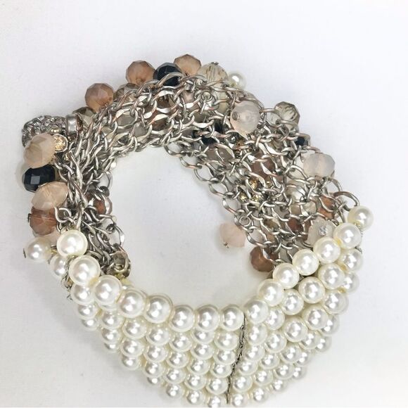 Taupe Blush Bead Rhinestone White Pearl Multi Strand Dangle Stretch Bracelet - Picture 9 of 9